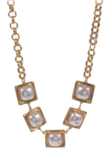 Gold Chain with Gold Squares and Pearl Accents Necklace