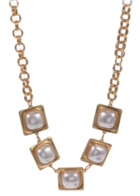 Gold Chain with Gold Squares and Pearl Accents Necklace