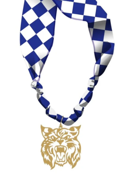 Blue and White Gameday Scarf Necklace with Gold Wildcat Charm