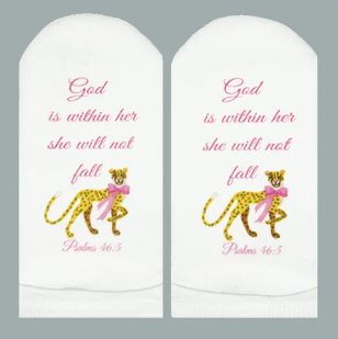 Standing on the Word Socks Cheetah with Bible Verse: Psalm 46:5 God is within her, she will not fall