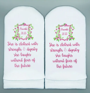 Standing on the Word Socks Crest with Bible Verse : Proverbs 31:25 She is clothed