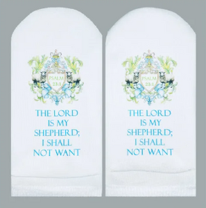 Standing on the Word Socks Sheep Crest with verse: Psalm 23:1 Lord is my shepherd