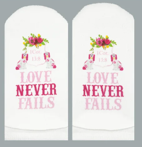 Standing on the Word Socks Staffordshire Dog with Verse: 1 Cor.13:8 Love never fails