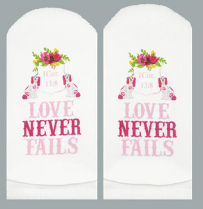 Standing on the Word Socks Staffordshire Dog with Verse: 1 Cor.13:8 Love never fails