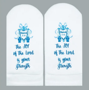 Standing on the Word Socks Crest with Bible Verse: Nehemiah 8:10 Joy of the Lord