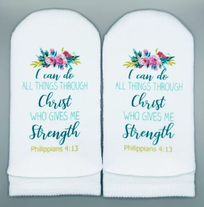 Standing on the word Socks Flower with Bible Verse : Philippians 4:13 I can do
