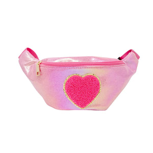 Hot Pink Metallic Chenille Patch Heart Fanny Pack