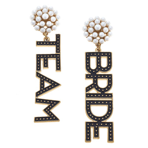 Team Bride Enamel & Pearl Cluster Drop Earrings