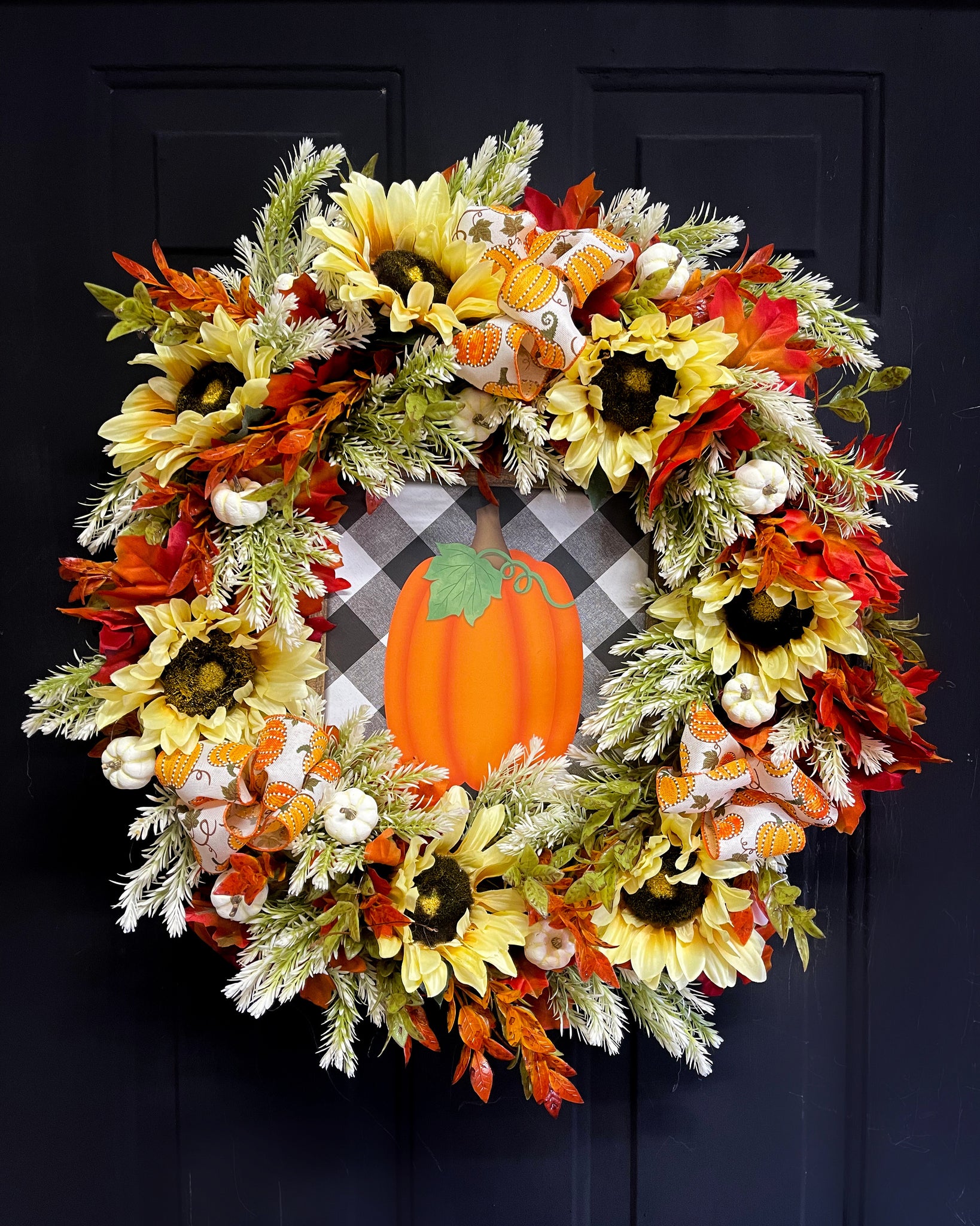 Black Checkered Pumpkin & Sunflowers Wreath