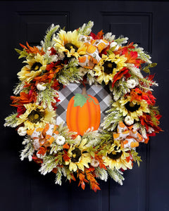 Black Checkered Pumpkin & Sunflowers wreath