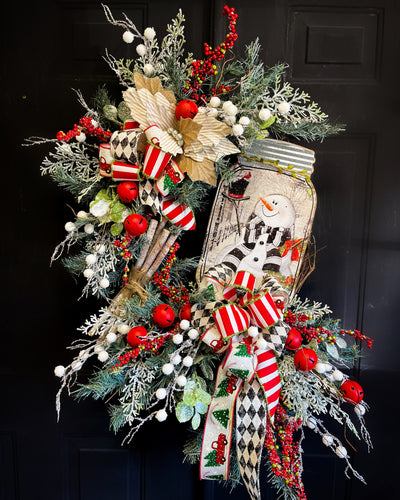 Checkered Snowman In A Mason Jar Christmas Wreath