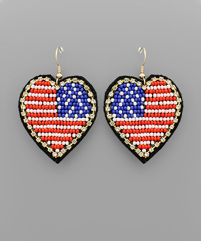 Dangle American Flag Heart Beaded Earrings