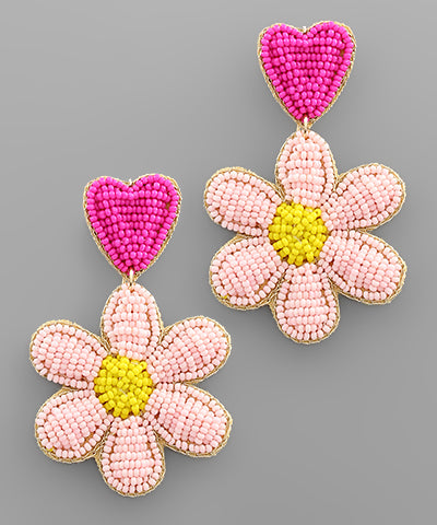 Beaded Daisy Heart Earrings