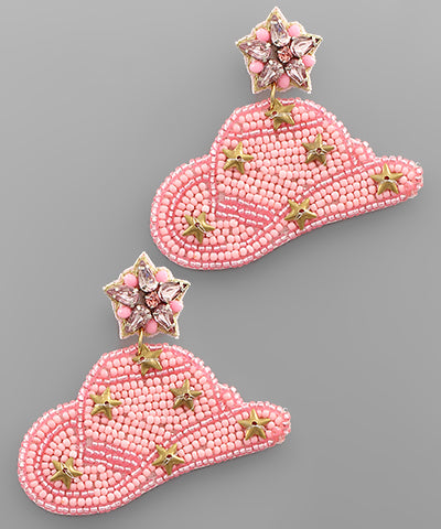 Beaded Pink Cowgirl Hat Earrings