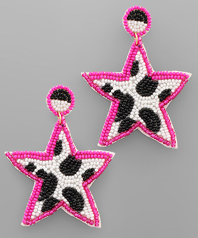 Beaded Cowprint Star Earrings