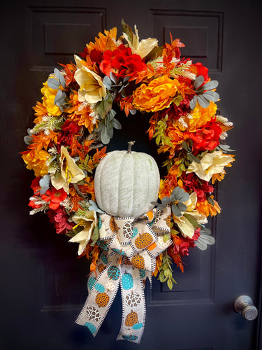 Teal Pumpkin & Cheetah ribbon wreath