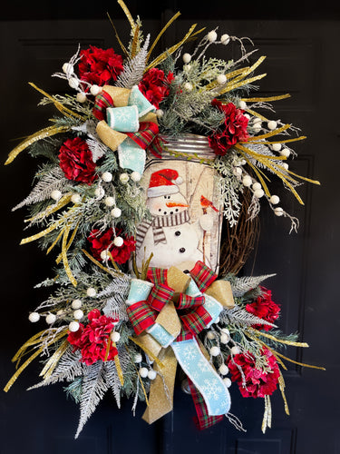 Red Bird Snowman Christmas Wreath