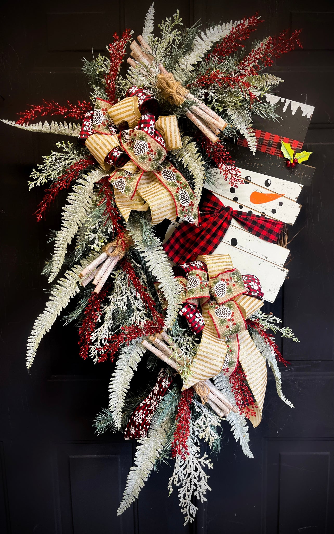 Red Buffalo Plaid Pinecone Snowman Christmas Wreath