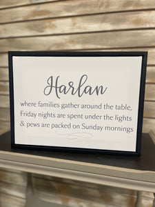 "Harlan Families Gather, Friday Night Lights, & Packed Pews" Sign