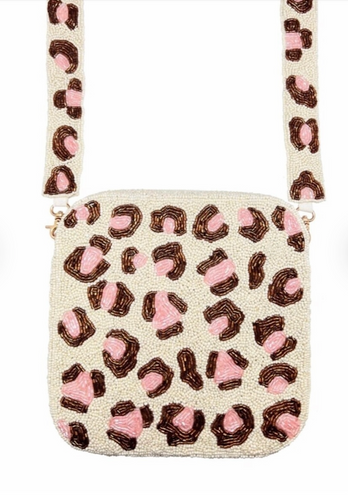 Beaded Brown & Pink Leopard Square Crossbody