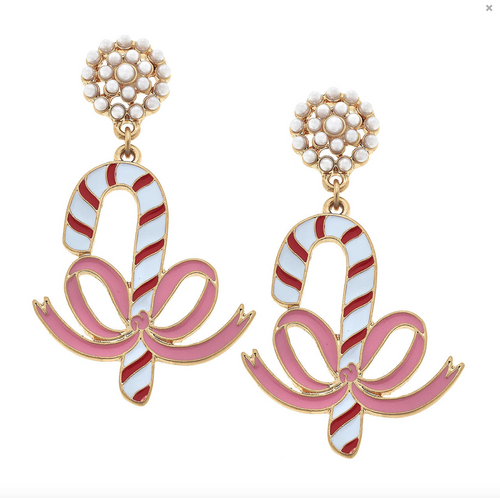 Noelle Enamel Christmas Pink Bow Candy Cane Earrings