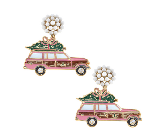 Noelle Enamel Pink Christmas Station Wagon Earrings