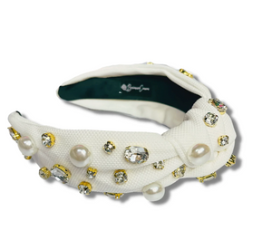 Brianna Cannon Adult Size White Twill Headband With Large Pearls & Crystals