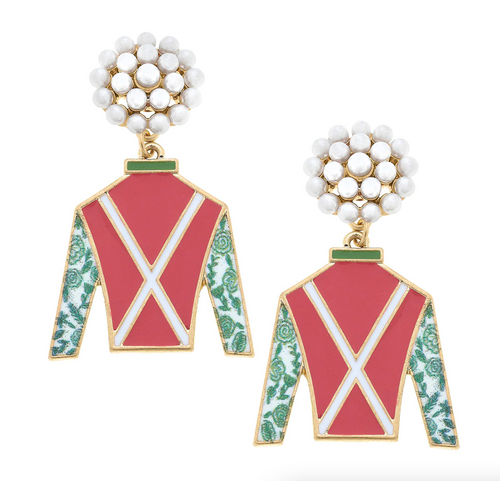 Jockey Silk Enamel Earrings In Pink & Green