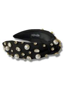 Brianna Cannon Adult Size Black Twill Headband With Large Pearls & Cyrstals