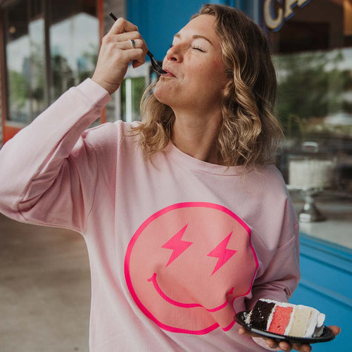 Pink Lightening Happy Face Corded Sweatshirt