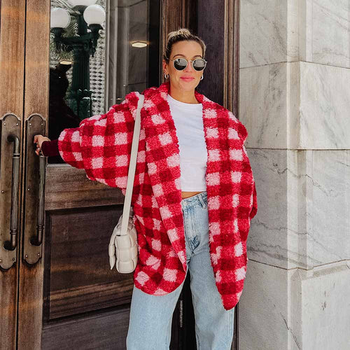 Pink Plaid Lightweight Sherpa Wrap with Hoodie & Pockets